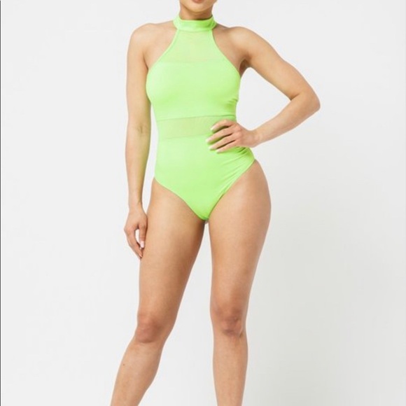 J. ELISE BOUTIQUE NEW TRENDY Sleeveless Neon Green Halter Mesh Bodysuit - Picture 4 of 4